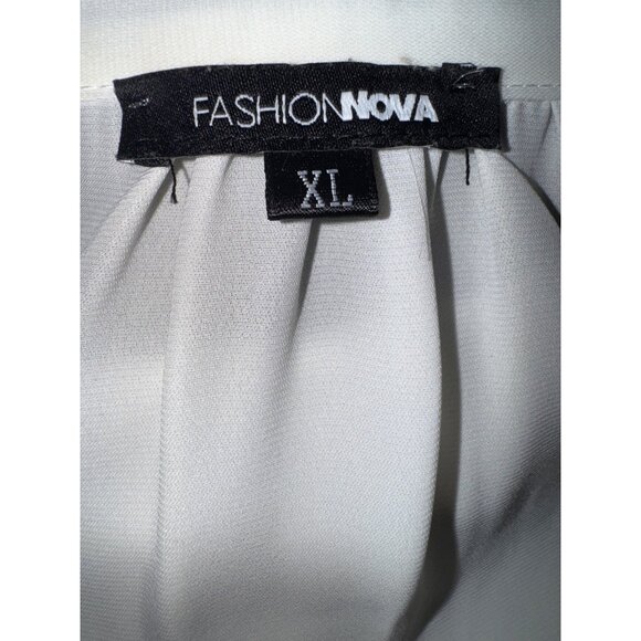 Fashion Nova White Long Sleeve Tie‎ Neck Blouse XL Zipper Waist Sexy Secretary - Picture 5 of 8